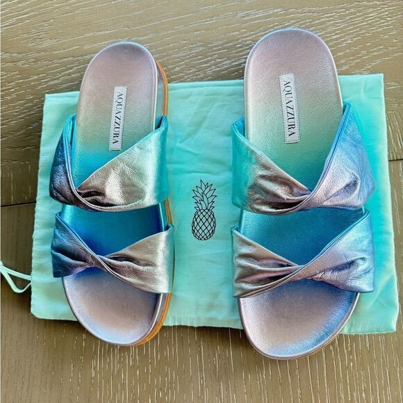NWOB Aquazzura Twist Leather Metallic Blue Sandals Slides Made in Italy Size 38 - Picture 2 of 12